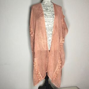 Crochet edge gauzy cover up duster robe kimono orange tan western boho hippie